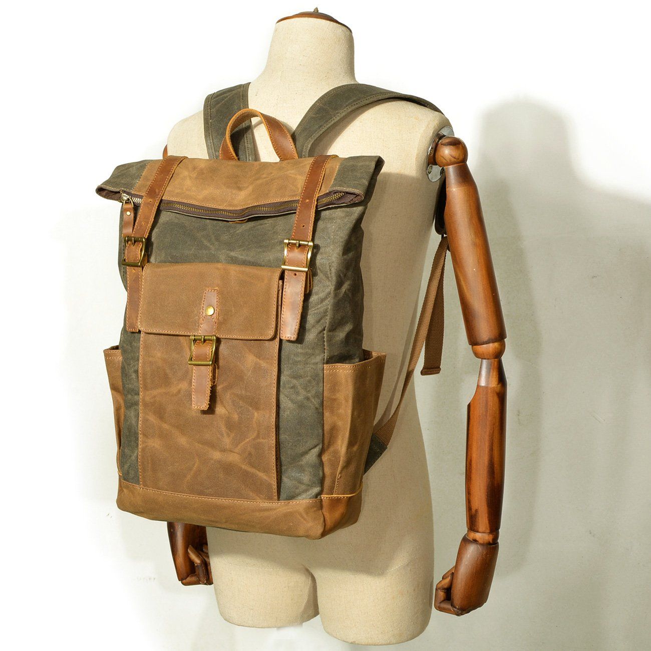Zweifarbiger Rolltop Rucksack – Gewachstes Canvas & Leder, 22,5 L