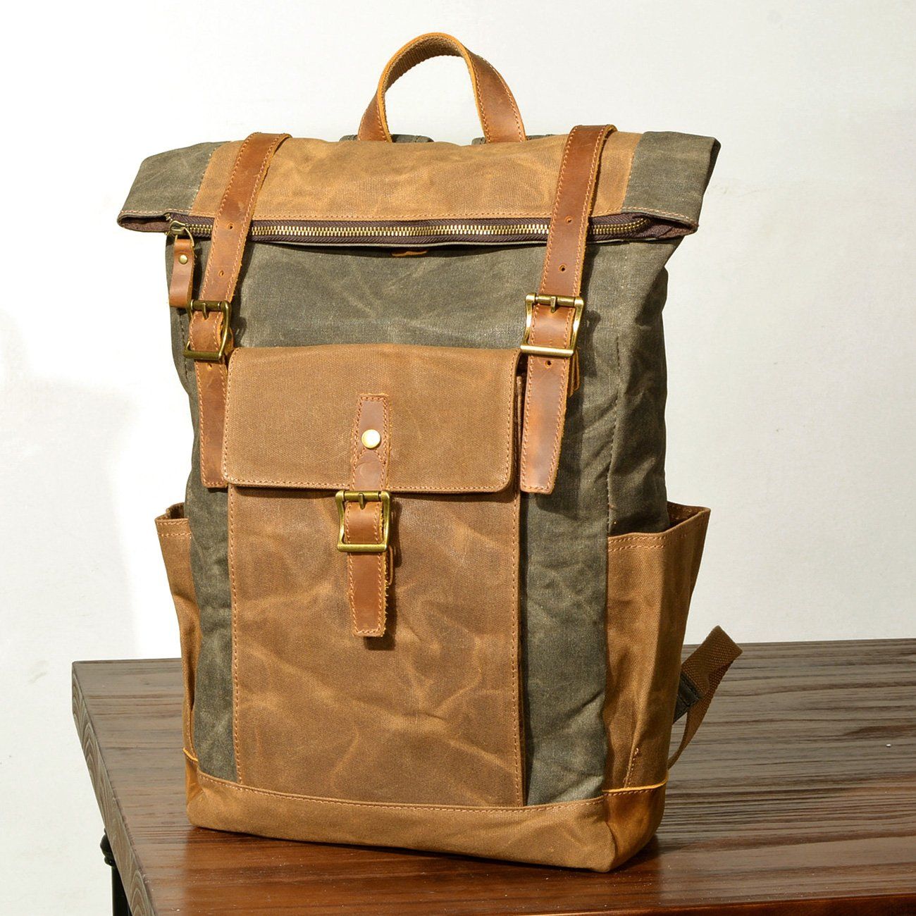 Zweifarbiger Rolltop Rucksack – Gewachstes Canvas & Leder, 22,5 L