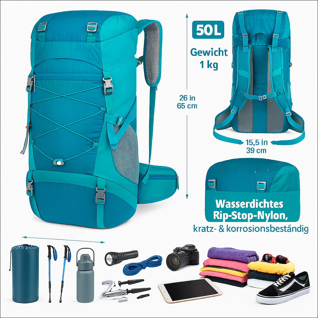 50L Trekkingrucksack – Leichter Outdoor-Rucksack mit Regenhülle