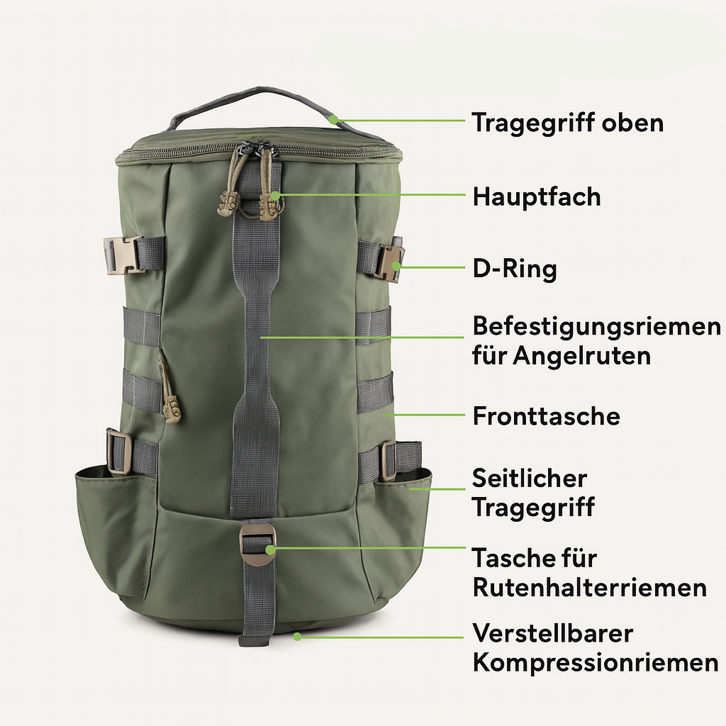 Wanderrucksack für Angler – 45L Rucksack mit Angelhalterung