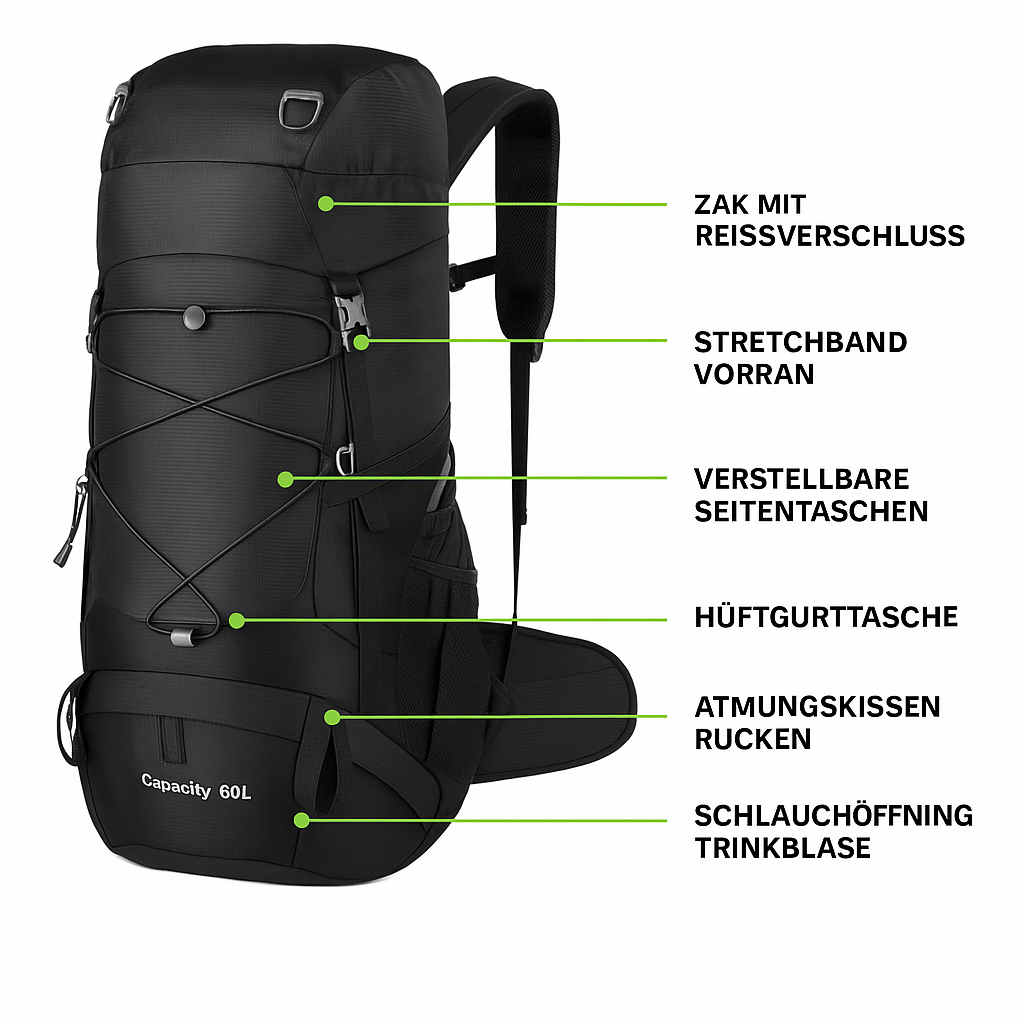 50L Trekkingrucksack – Leichter Outdoor-Rucksack mit Regenhülle