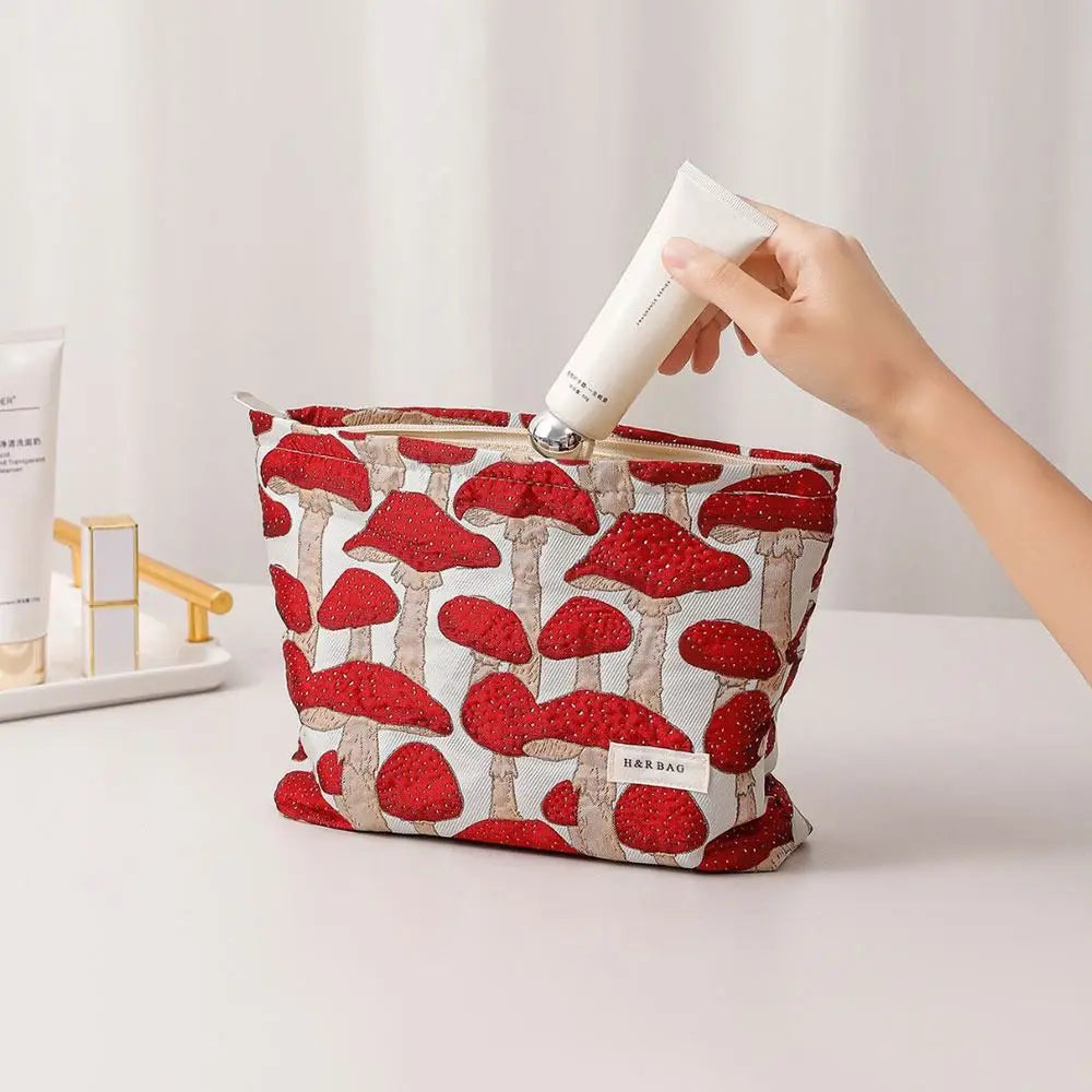 Kosmetiktasche Canvas – Pilzmotiv rot (M/L)
