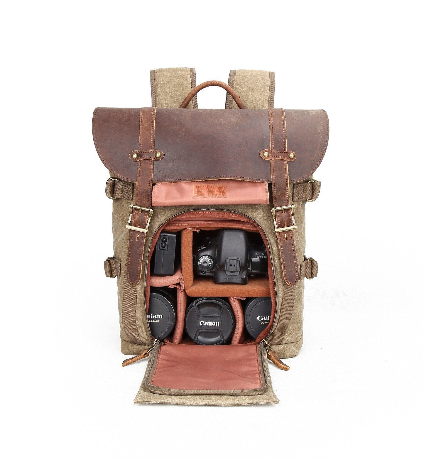 Waxed Canvas Rucksack – Retro Lederklappe & Schnallen, 20 L