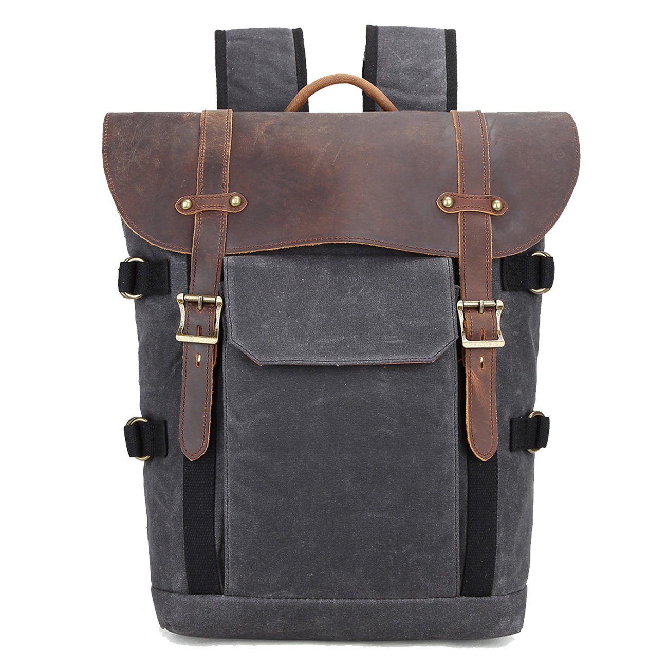 Waxed Canvas Rucksack – Retro Lederklappe & Schnallen, 20 L