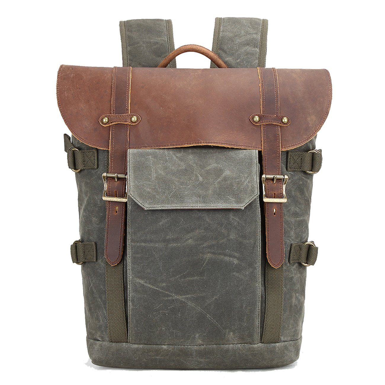 Waxed Canvas Rucksack – Retro Lederklappe & Schnallen, 20 L