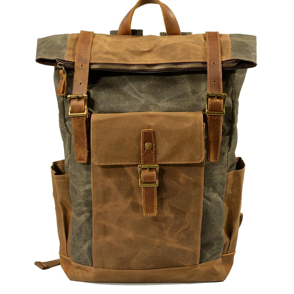 Zweifarbiger Rolltop Rucksack – Gewachstes Canvas & Leder, 22,5 L