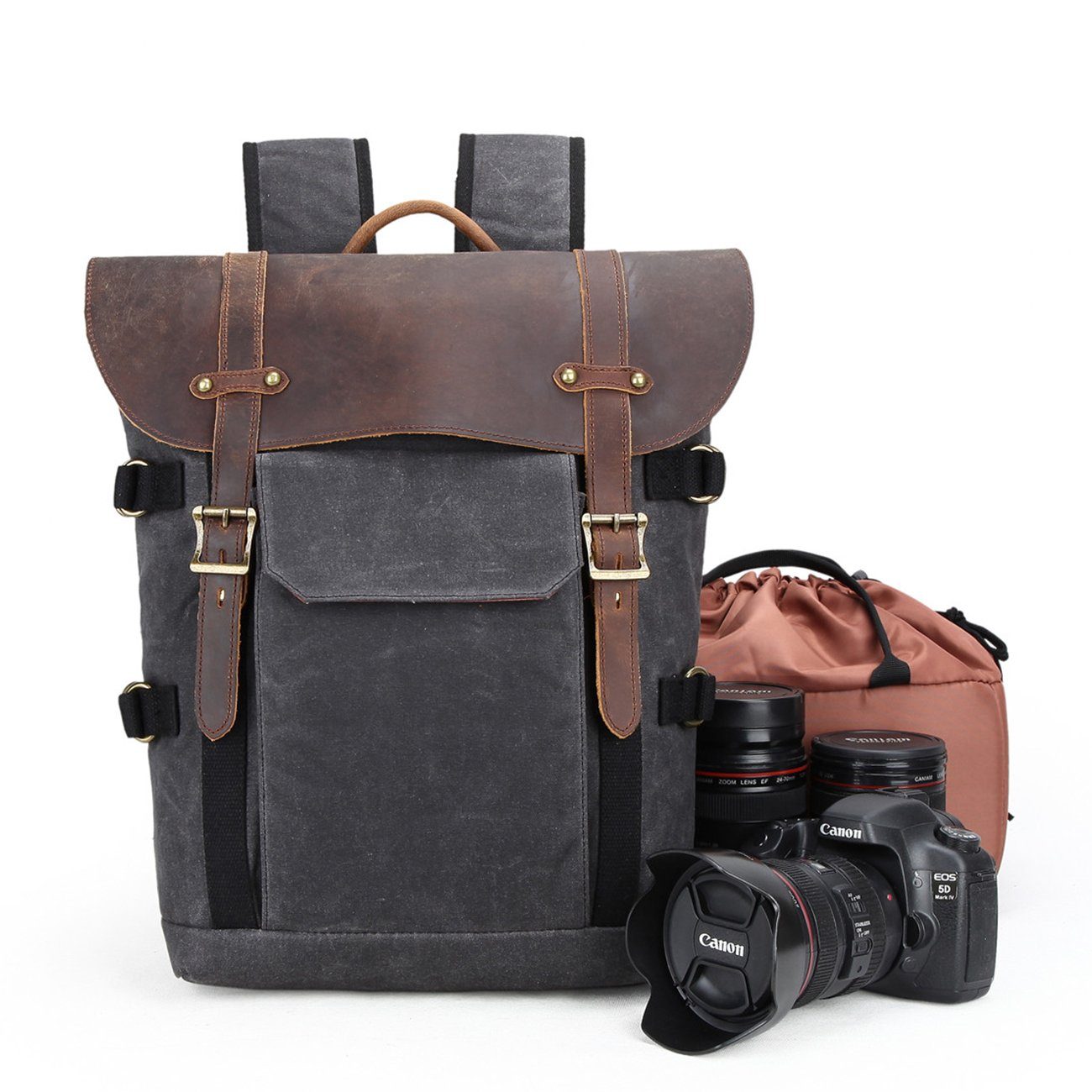 Waxed Canvas Rucksack – Retro Lederklappe & Schnallen, 20 L