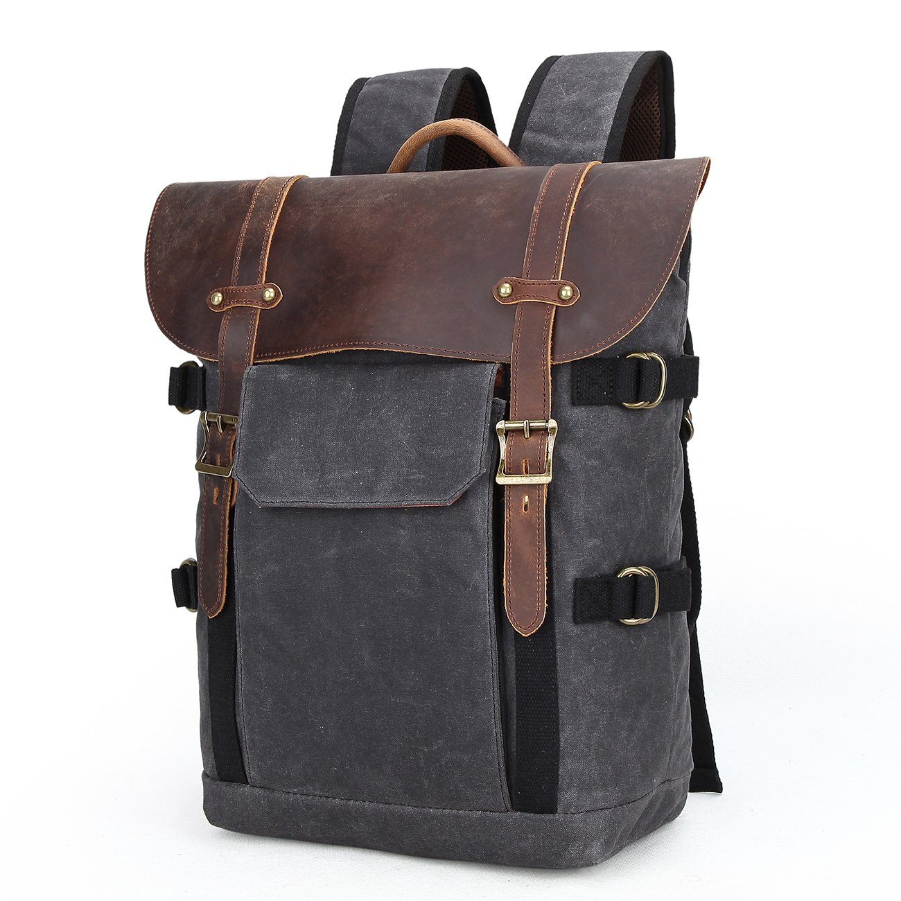Waxed Canvas Rucksack – Retro Lederklappe & Schnallen, 20 L