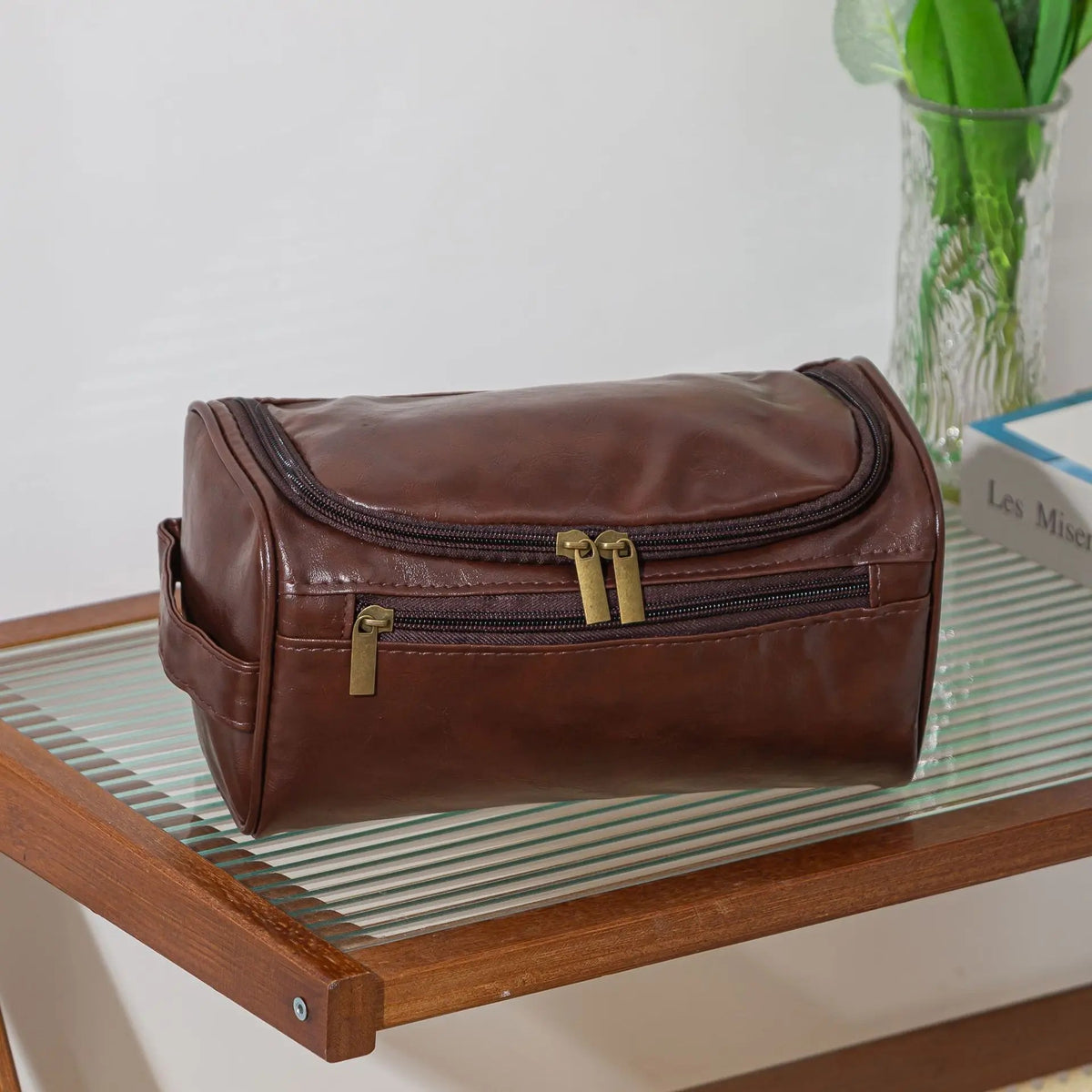 Kulturtasche Leder zum Aufhängen – groß – Dunkelbraun
