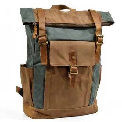 Zweifarbiger Rolltop Rucksack – Gewachstes Canvas & Leder, 22,5 L