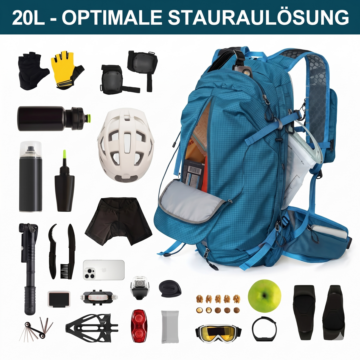 Hydrations-Rucksack 18L – 210D Nylon mit Helmnetz & Reflektoren
