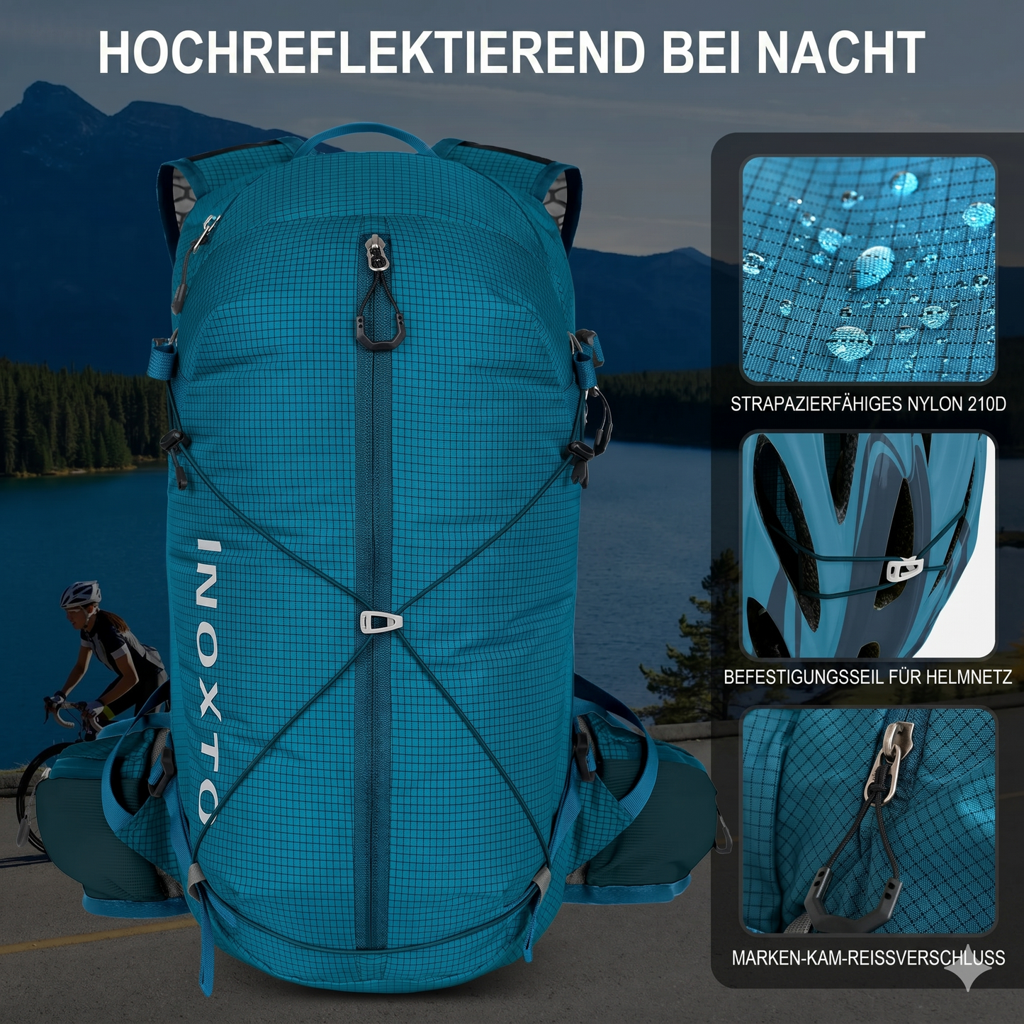 Hydrations-Rucksack 18L – 210D Nylon mit Helmnetz & Reflektoren
