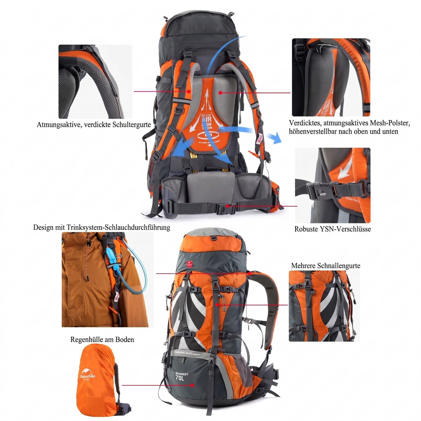 Wanderrucksack 70L Entdeckerstolz – Air-Flow & Regenhülle