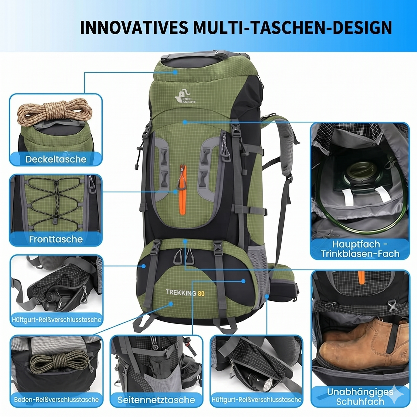 Trekkingrucksack 80L Expeditionslord – 3D-Lüftung & Schuhfach