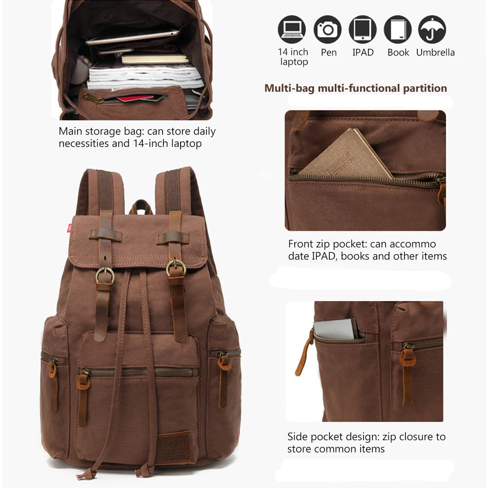 Canvas Rucksack Herren Damen – Vintage Daypack mit Laptopfach 14 Zoll