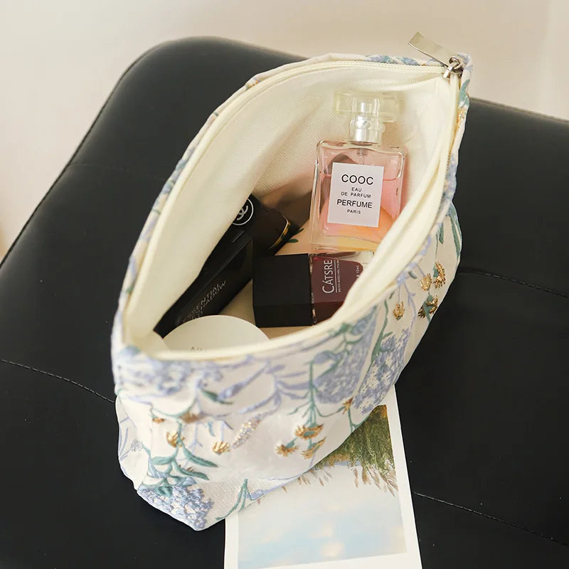 Kosmetiktasche Canvas – Blumenmuster blau