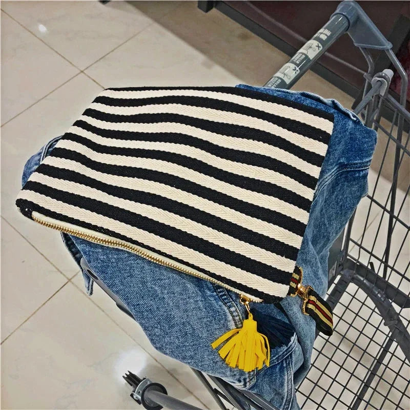 Kulturtasche mit Streifen & Quaste – Canvas Kosmetiktasche