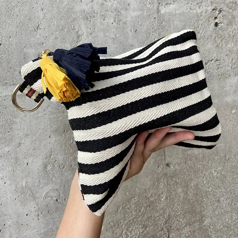 Kulturtasche mit Streifen & Quaste – Canvas Kosmetiktasche