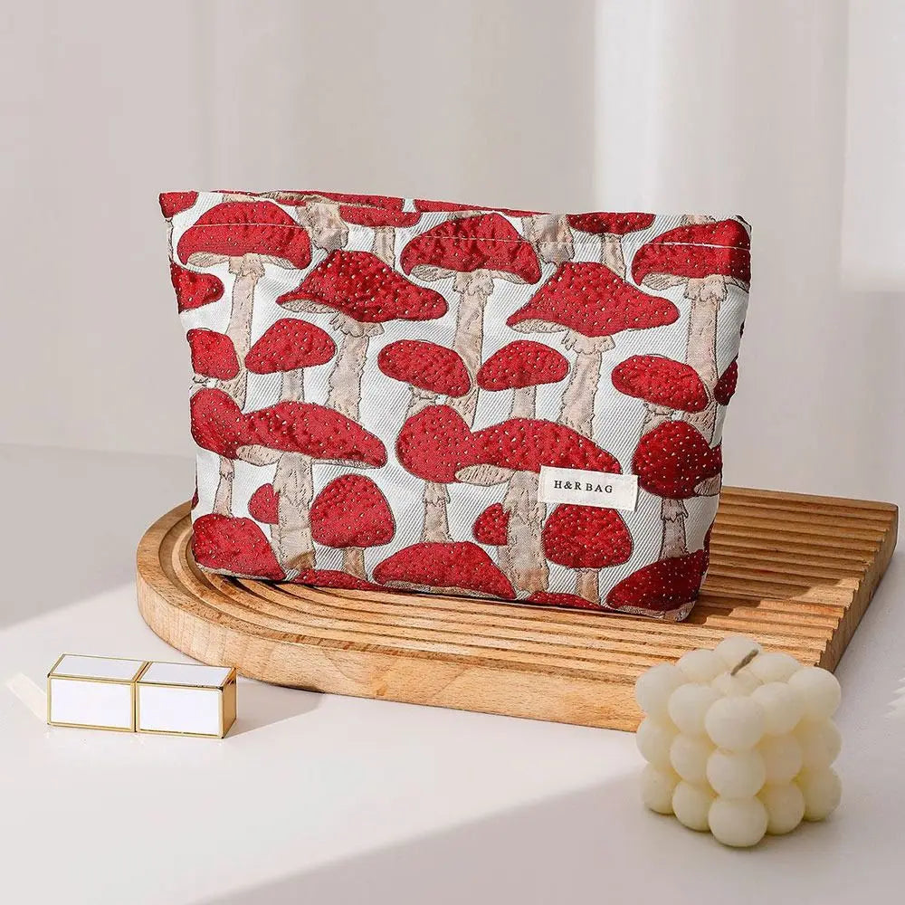 Kosmetiktasche Canvas – Pilzmotiv rot (M/L)