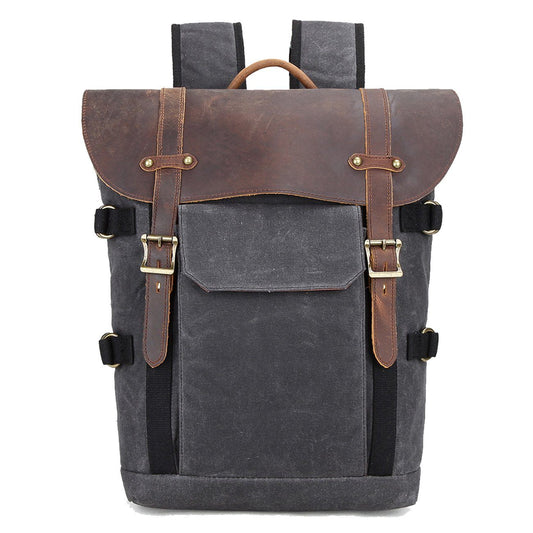 Waxed Canvas Rucksack – Retro Lederklappe & Schnallen, 20 L