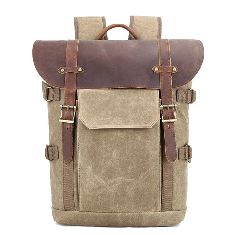 Waxed Canvas Rucksack – Retro Lederklappe & Schnallen, 20 L
