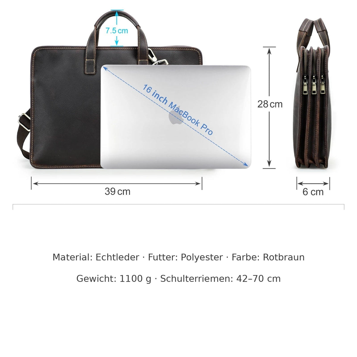 Echtleder Aktentasche für Herren – bis 16 Zoll Laptop