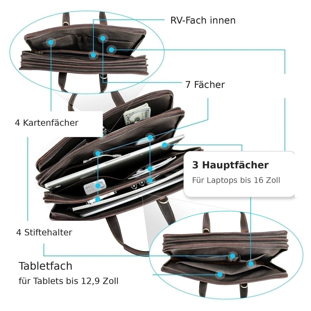 Echtleder Aktentasche für Herren – bis 16 Zoll Laptop
