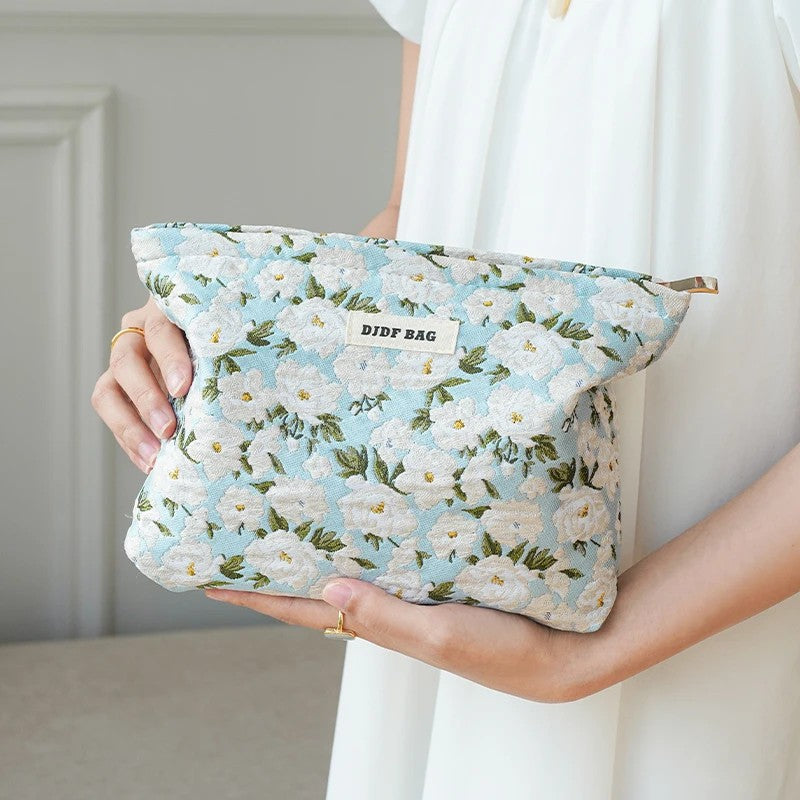 Kosmetiktasche Canvas – Blumenmuster bla – Hellblau