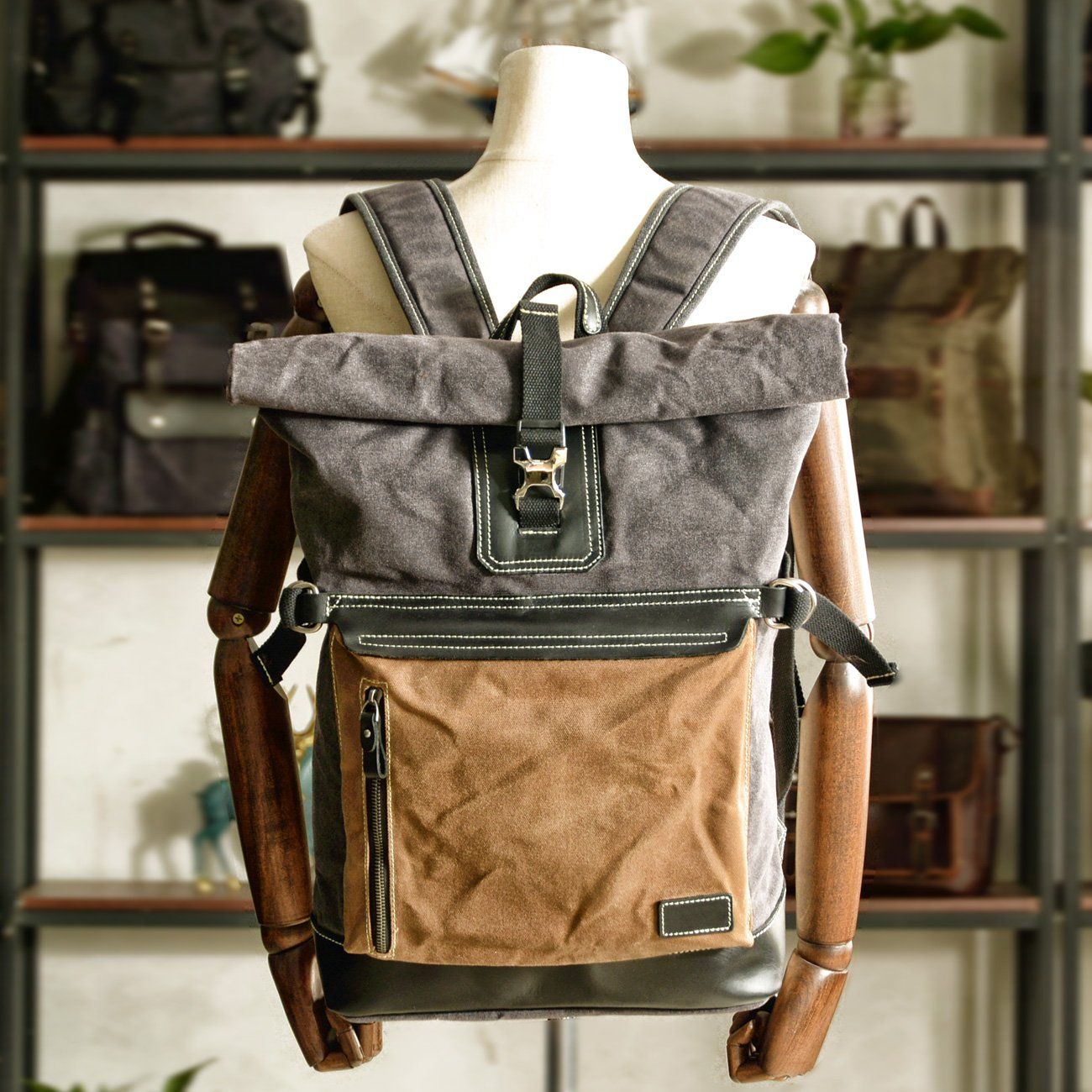 College Rucksack 17L aus Canvas & Leder – Vintage Schulrucksack LINDHOLM